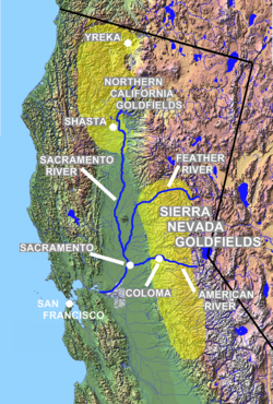 Mapa del Gold Country en la Sierra Nevada y el norte de California.