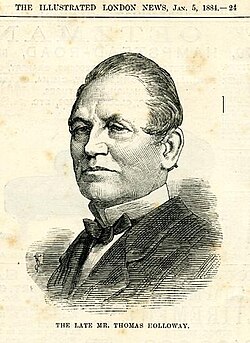 Retrato e ilustración del fundador de la universidad Thomas Holloway