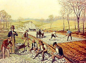 Construcción de carretera con macadán en Estados Unidos
