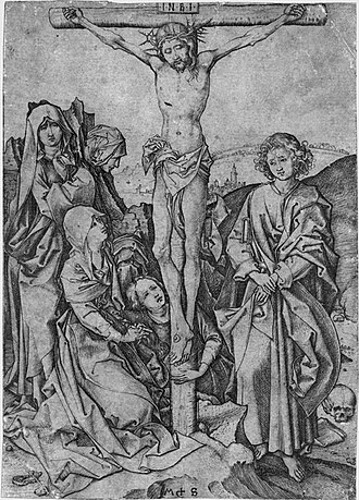 Crucifixión, grabado de la serie sacra de Martin Schongauer.
