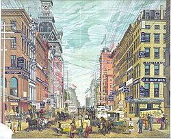 Vista hacia el norte desde Cortlandt y Maiden Lane en 1885 con densas líneas de servicios públicos.