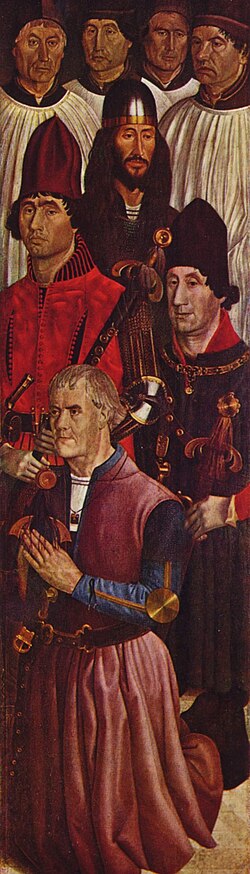 Detalle del ala del Altar de San Vicente que muestra a los caballeros con el fundador arrodillado