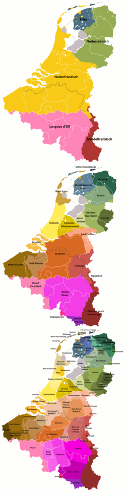 Mapa que muestra los dialectos regionales del Benelux