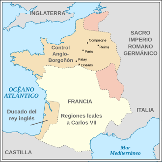 Mapa histórico de Francia en 1435 destacando en tono rosado los dominios de Felipe III el Bueno