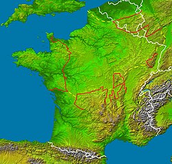 Esquema del mapa de la cuenca de París mostrando los macizos circundantes y conexiones con otras cuencas