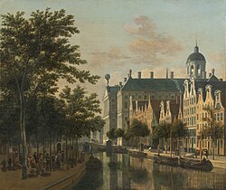 El Nieuwezijds Voorburgswal con el mercado de flores de Ámsterdam, 1686