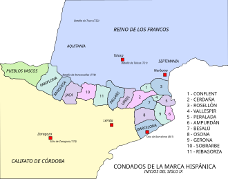 Mapa de los condados que formaban parte de la Marca Hispánica