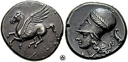 Estatero de plata de Corinto con la figura del caballo alado Pegaso.
