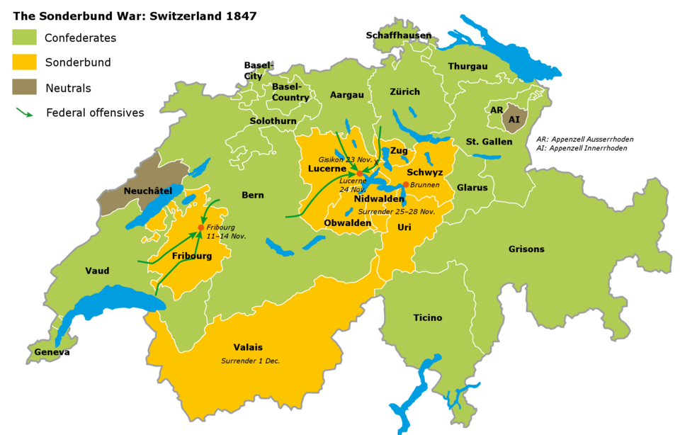 Mapa estratégico de las fuerzas confederadas y del Sonderbund
