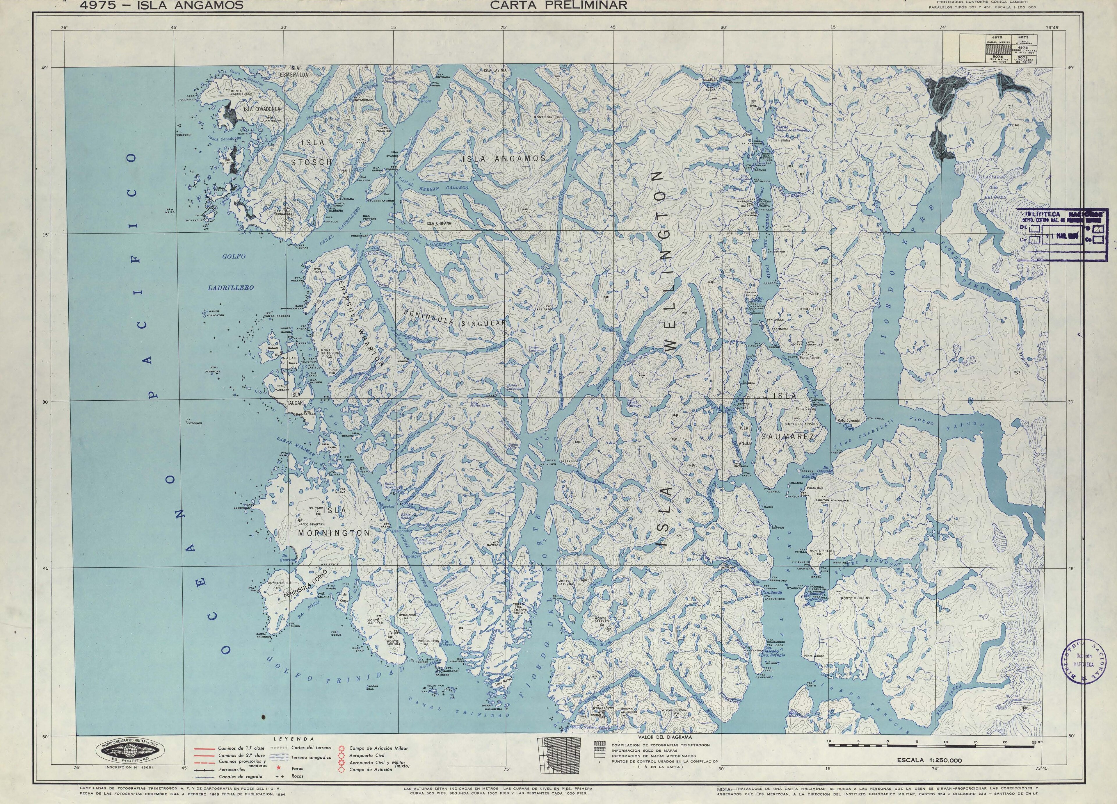 Mapa histórico de la zona publicado en 1954 por el Instituto Geográfico Militar de Chile.