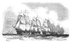 Pintura histórica que muestra una escuadra naval francesa formando una línea de batalla hacia 1840.