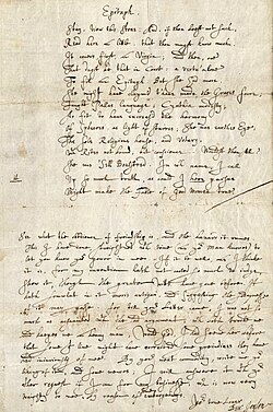 Manuscrito original del epitafio de Cecilia Bulstrode fechado en 1609.