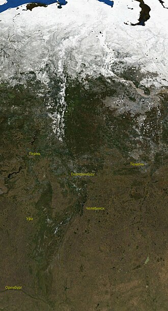 Vista general satelital o representación de la región de los Montes Urales