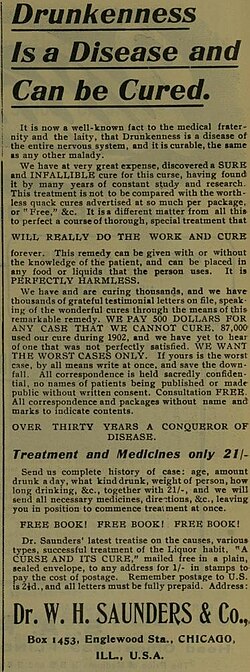 Publicidad histórica de 1904 sobre la ebriedad como enfermedad