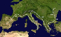 Mapa histórico de las migraciones del pueblo visigodo