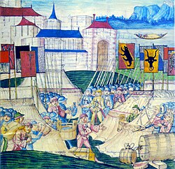 Tropas suizas saqueando el campamento borgoñón tras la batalla