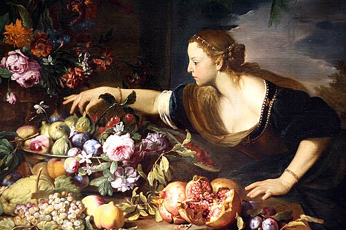 Mujer con fruta ( Vrouw met fruit ) pintada por Abraham Brueghel en 1669