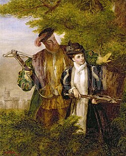 Ilustración histórica de Enrique VIII y Ana Bolena de caza en el Windsor Forest
