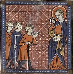 Manuscrito medieval que representa a Santa Petronila atendiendo a enfermos