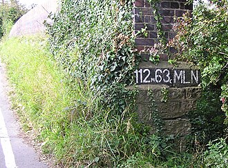Hito de referencia pintado en un puente ferroviario británico que indica 112 millas y 63 cadenas.