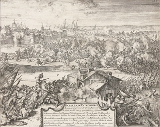 Grabado histórico de la Batalla de Steenbergen por Juan de Ledesma y Romeyn de Hooghe