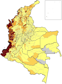 Mapa de distribución de la población afrodescendiente en Colombia por municipios según el censo de 2005.