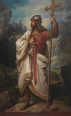 Representación clásica de Don Pelayo como rey de Asturias