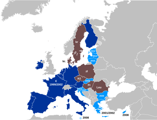 Mapa general de la zona del euro frente a las demás monedas utilizadas en la Unión Europea.