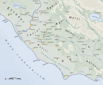 Mapa del Latium con los nombres de las ciudades de la Liga Latina