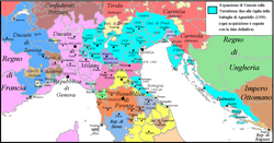 Mapa histórico de la expansión de la República de Venecia en la Romaña.