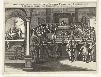 Representación de la asamblea y la toma de posesión del estatúder Federico Enrique