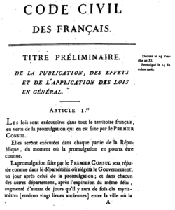 Primera página de la edición original del Código Civil Francés de 1804.