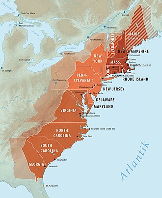 Mapa de las regiones de las Trece Colonias indicando Nueva Inglaterra, Colonias Centrales y del Sur.