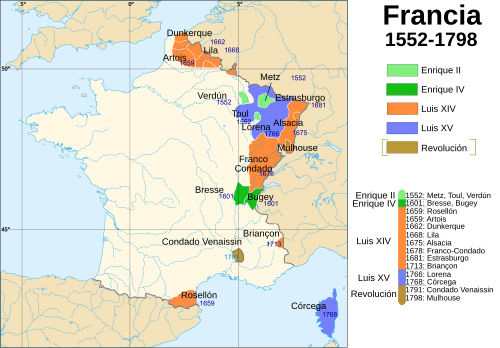 Mapa de la expansión territorial francesa bajo el reinado de Luis XIV
