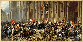Alphonse de Lamartine defiende el uso de la bandera tricolor delante del ayuntamiento de París, el 26 de febrero de 1848.