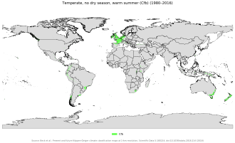 Mapa mundial con la distribución del clima oceánico típico Cfb