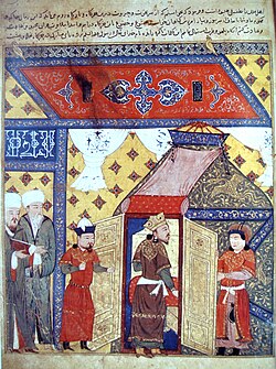 Miniatura histórica que representa la conversión de líderes mongoles al islam.