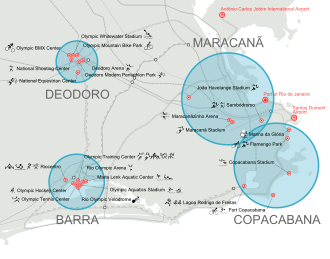 Mapa detallado con las ubicaciones de las sedes olímpicas en Río de Janeiro.