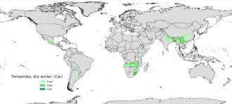 Mapa mundial de localización de los climas templados subhúmedos