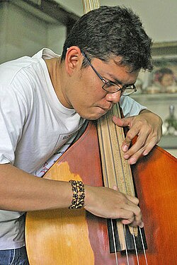 Bajista de jazz tocando en vivo