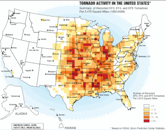 Mapa de frecuencia de tornados fuertes en los Estados Unidos