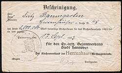Recibo fechado el 17 de septiembre de 1923 relacionado con el contexto histórico de las contribuciones fiscales eclesiásticas en Alemania.