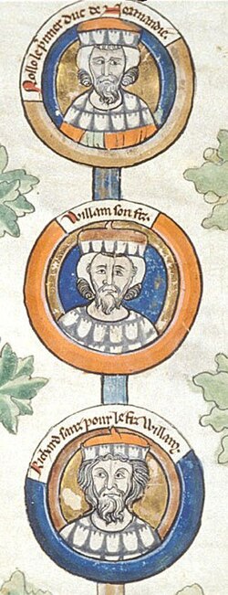 Iluminación medieval que muestra a Rollón y sus descendientes Guillermo I y Ricardo I.