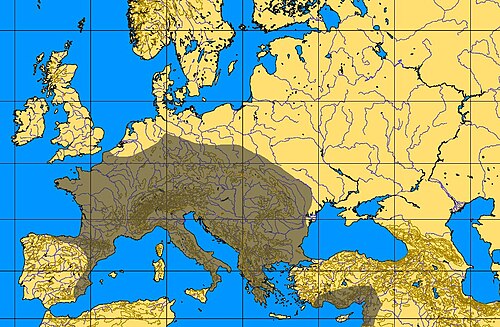 Mapa de distribución del Auriñaciense en Europa