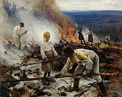 Pintura histórica titulada La quema de la maleza realizada por Eero Järnefelt.