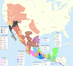 Distribución aproximada a finales del siglo XV de las familias lingüísticas nativas en México