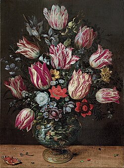 Florero con tulipanes, óleo sobre tabla de Andries Daniels y Frans Francken II