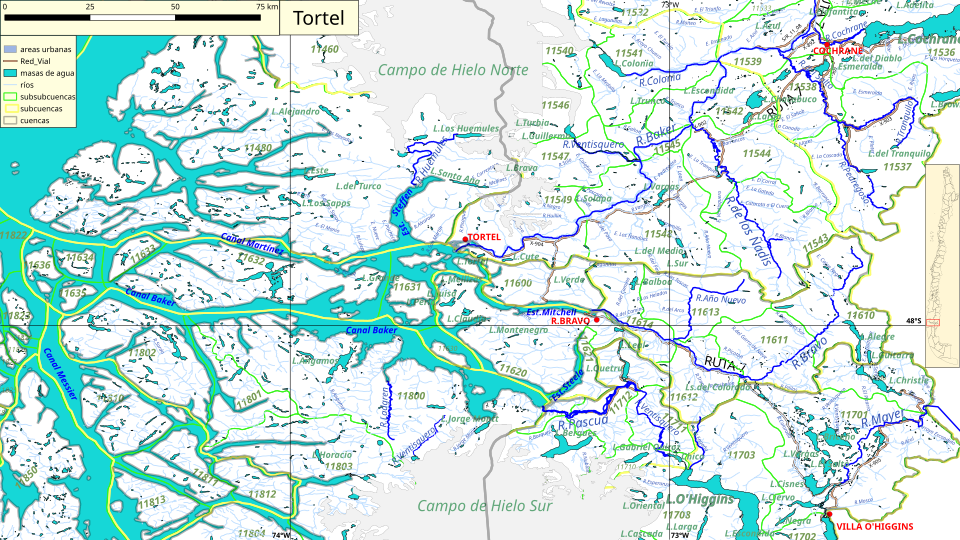 Mapa geomorfológico e hidrográfico de la región austral