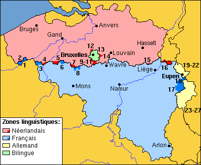Mapa de los municipios belgas con facilidades lingüísticas