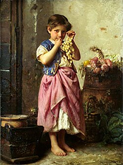 Niña y uvas, pintura creada por Antonio Rotta en 1884.